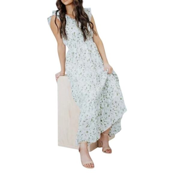 Mikarose The York Maxi Dress White/Green Floral Flutter Sleeve Dress Women Sz S - Picture 3 of 16